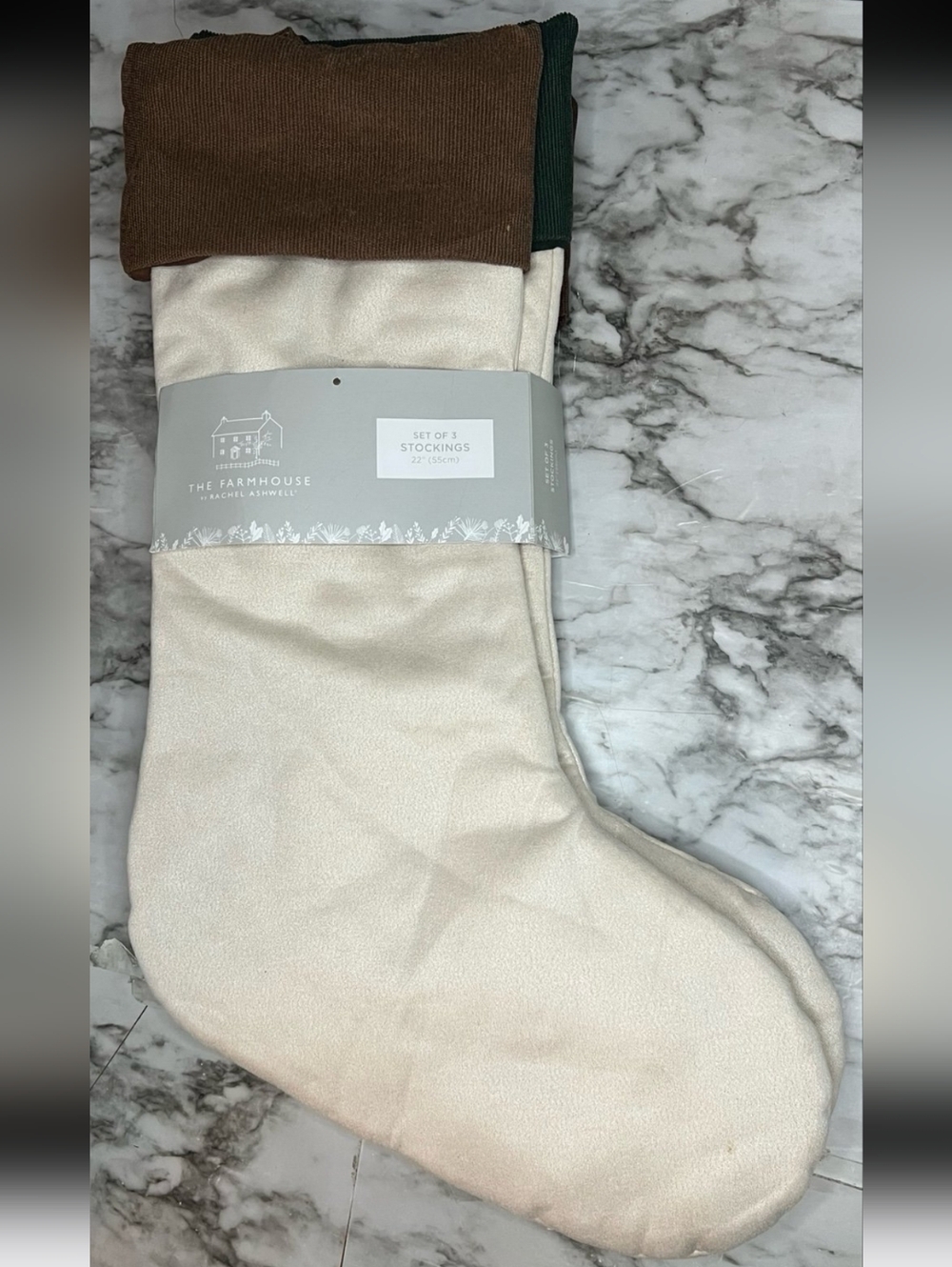 NWT Farmhouse Set of 3 22” Christmas Stockings cream brown green red wine